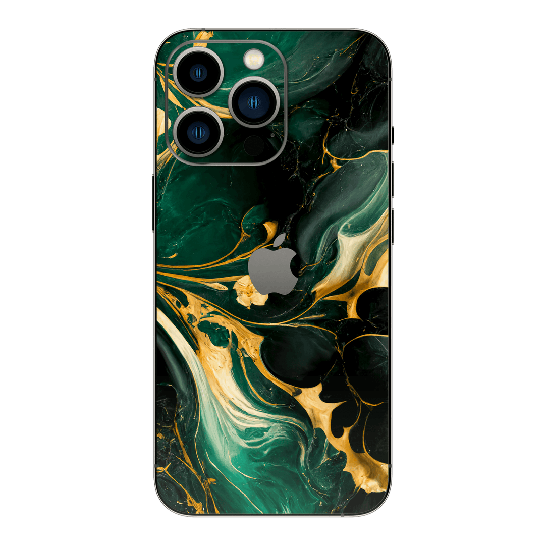 iPhone 15 PRO Print Printed Custom SIGNATURE Agate Geode Royal Green Gold Skin Wrap Sticker Decal Cover Protector by EasySkinz | EasySkinz.com